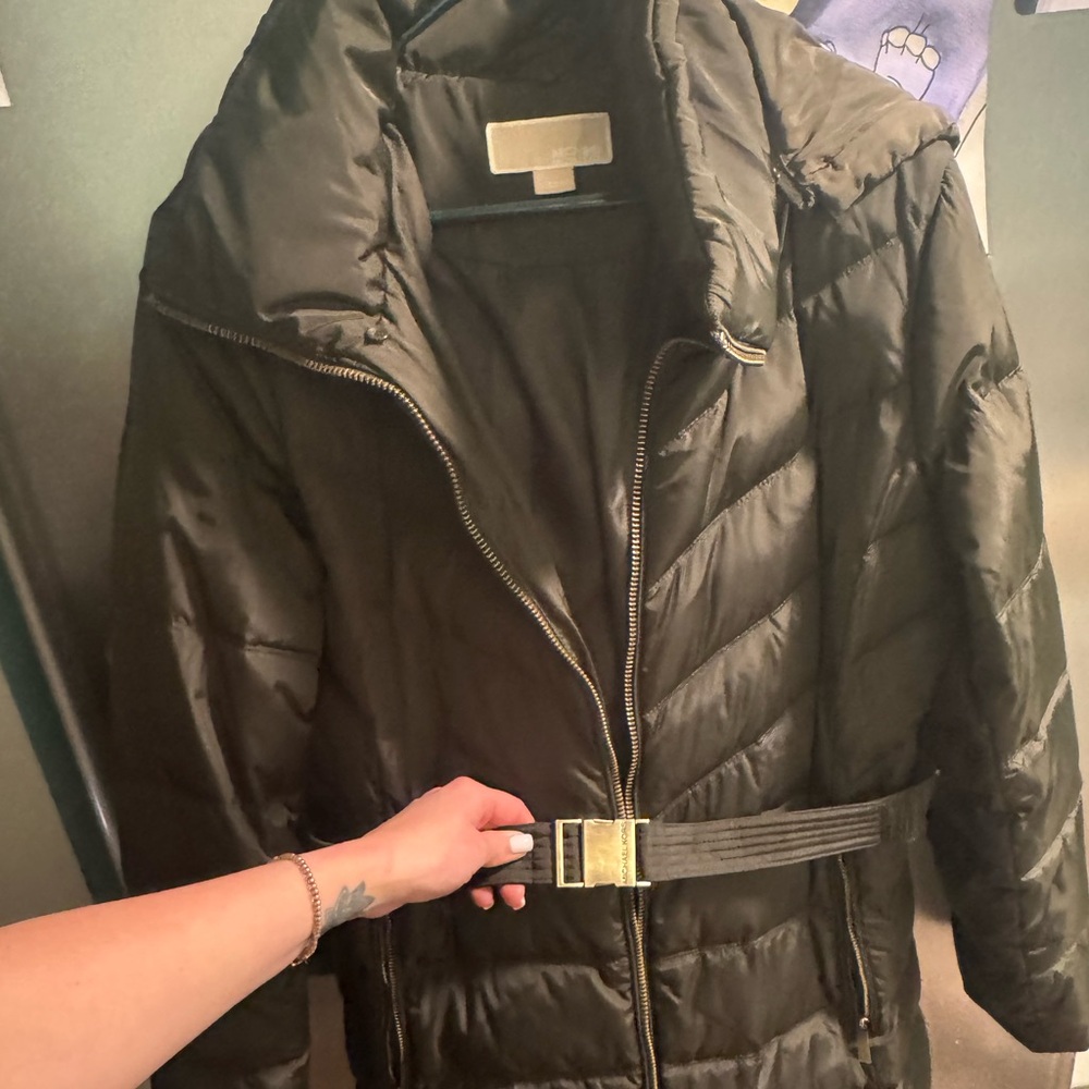 Michael Kors Olive Puffer Coat with Gold Accents